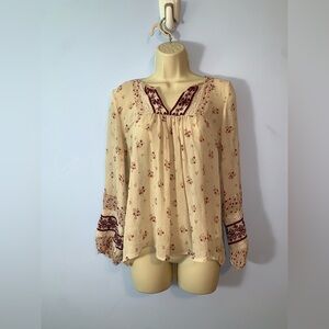 Joie Silk Floral Cream peasant Blouse embroidered Burgundy Accents puff sleeve M